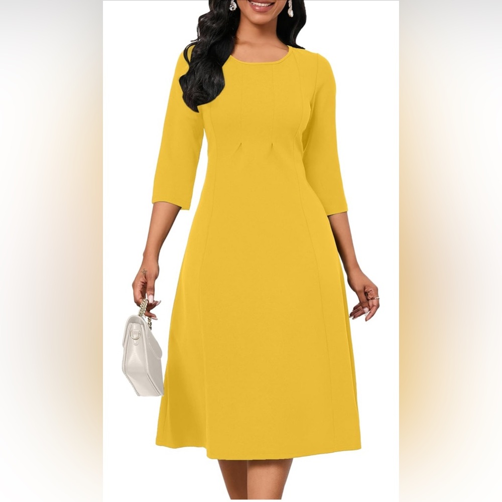 Women's 3/4 Sleeve Midi Dress 2024 Casual High Waist A Line with Round Neck